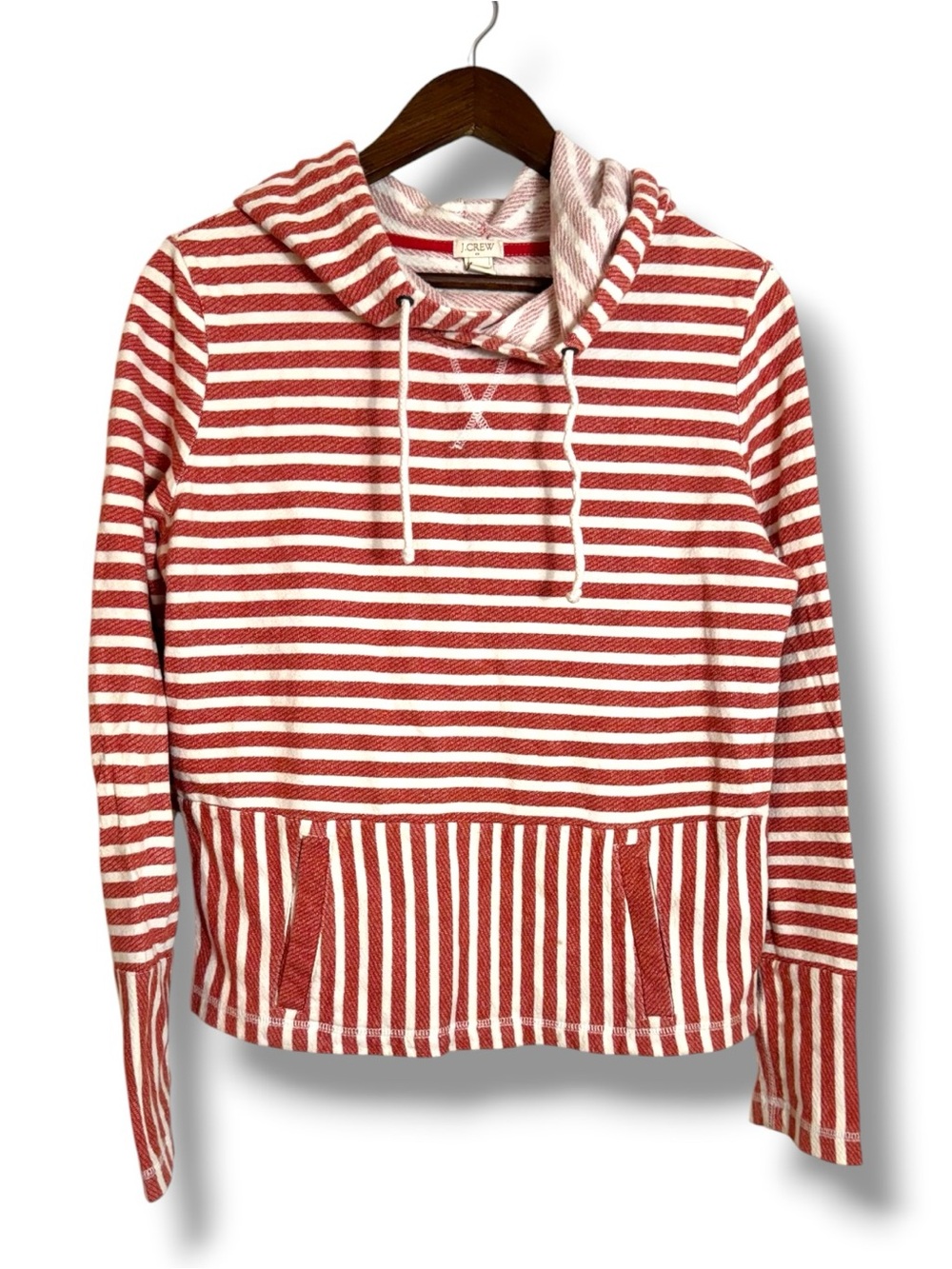 J. Crew Factory Red White Striped Hooded Sweatshirt Kangaroo Pocket Cotton FLAW